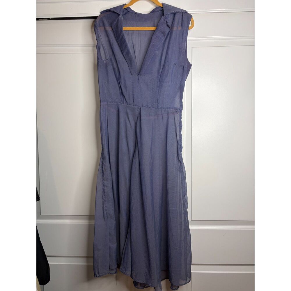 Vintage 1950s Handmade Sheer Blue Striped Collared Dress Metal Zip Sz. 6-8